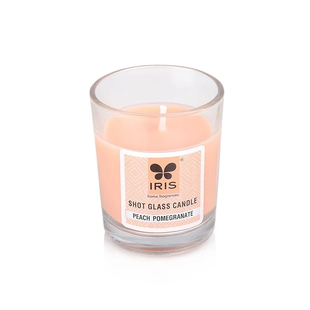 Iris Shot Glass Candle |Peach Pomogranate Fragrance | 40g | 8-Hour Burn Time | Blue-Coloured Wax | IFRA Certified | Non-Toxic & Safe | Decorative Glass Container| Home Decor|(1Pc)