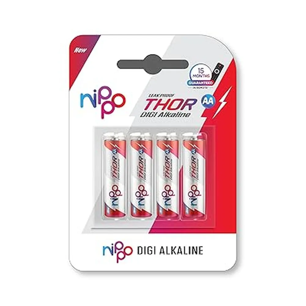 Nippo Thor Leakproof Alkaline AA Batteries 1.5V | Longer Lasting Batteries | Guaranteed 15 Months in Remote | Eco Friendly | Suited for All Types of Modern Devices|Pack of 4