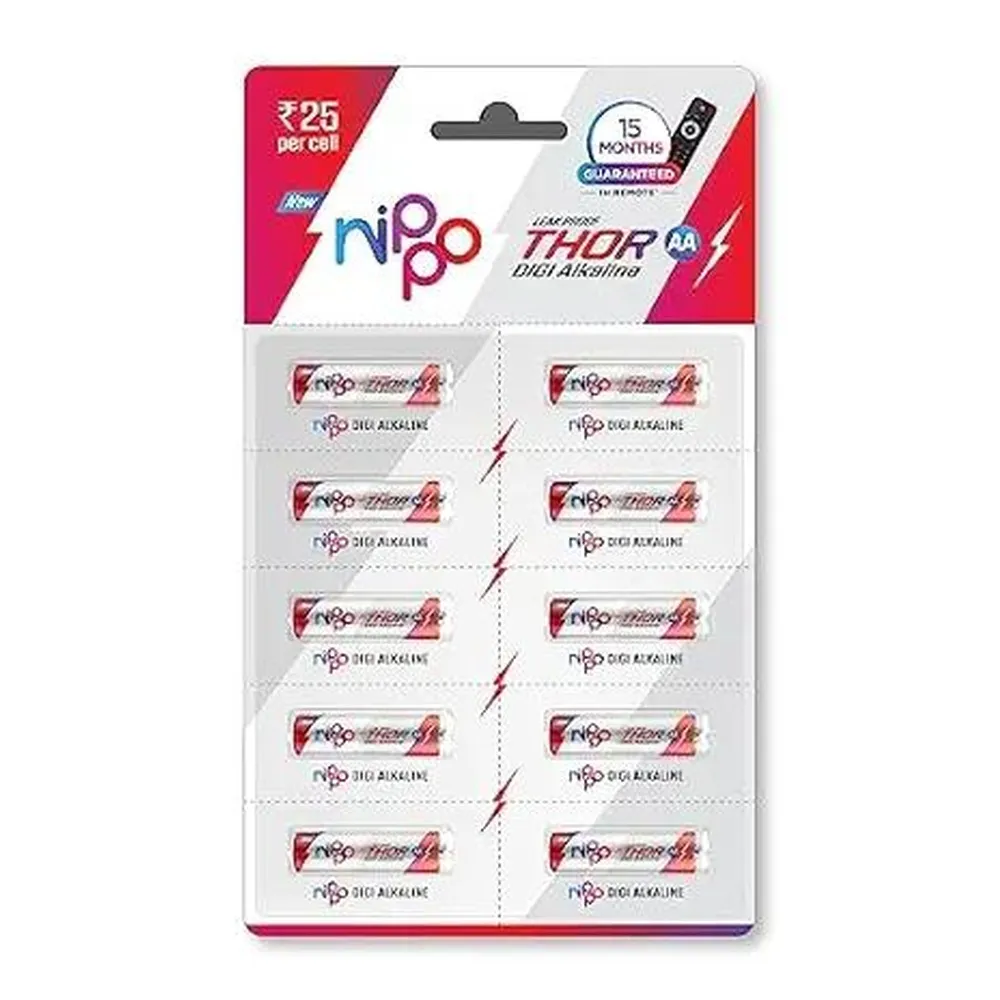 Nippo Thor Leakproof Alkaline AA Batteries 1.5V | Longer Lasting Batteries | Guaranteed 15 Months in Remote | Eco Friendly | Suited for All Types of Modern Devices|Pack of 10