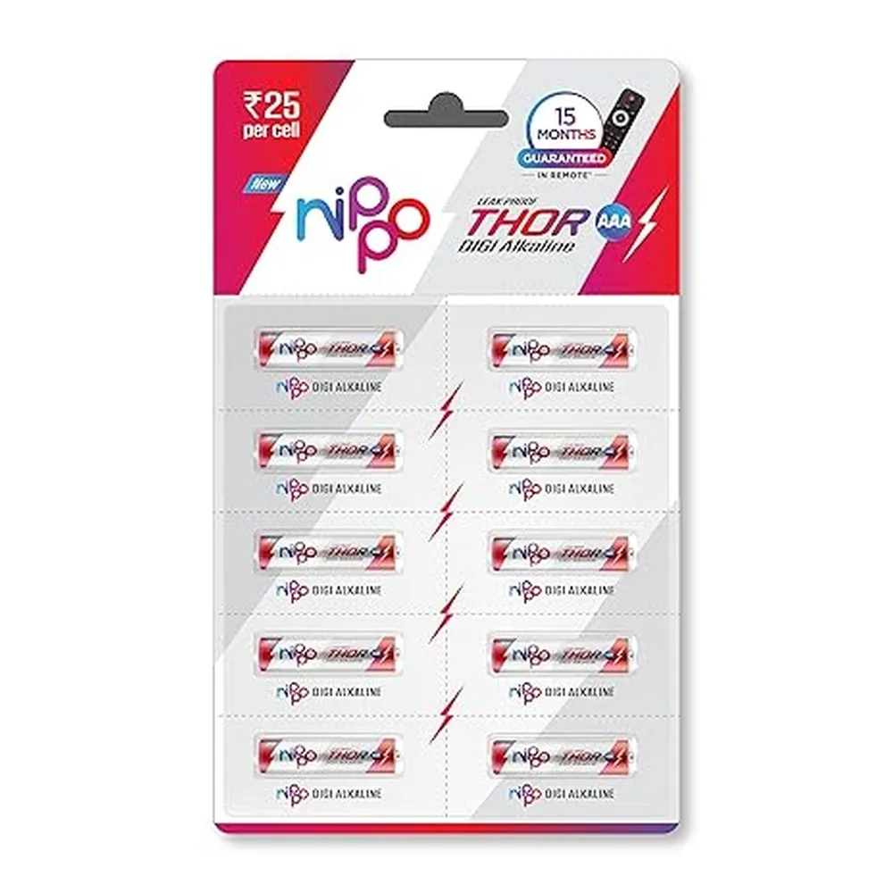 Nippo Thor Leakproof Alkaline AAA Batteries 1.5V | Longer Lasting Batteries | Guaranteed 15 Months in Remote | Eco Friendly | Suited for All Types of Modern Devices|Pack of 10