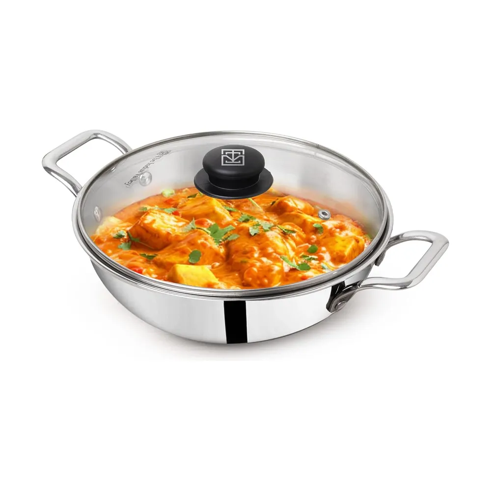 The Indus Valley Triply Stainless Steel Kadai 2.7 LTR with Glass Lid | Medium 23.4cm/9.2 inch, 1.2kg | Induction Friendly | Nonstick 3-Layer Body, 100% Pure & Toxin-Free, No Chemical Coating