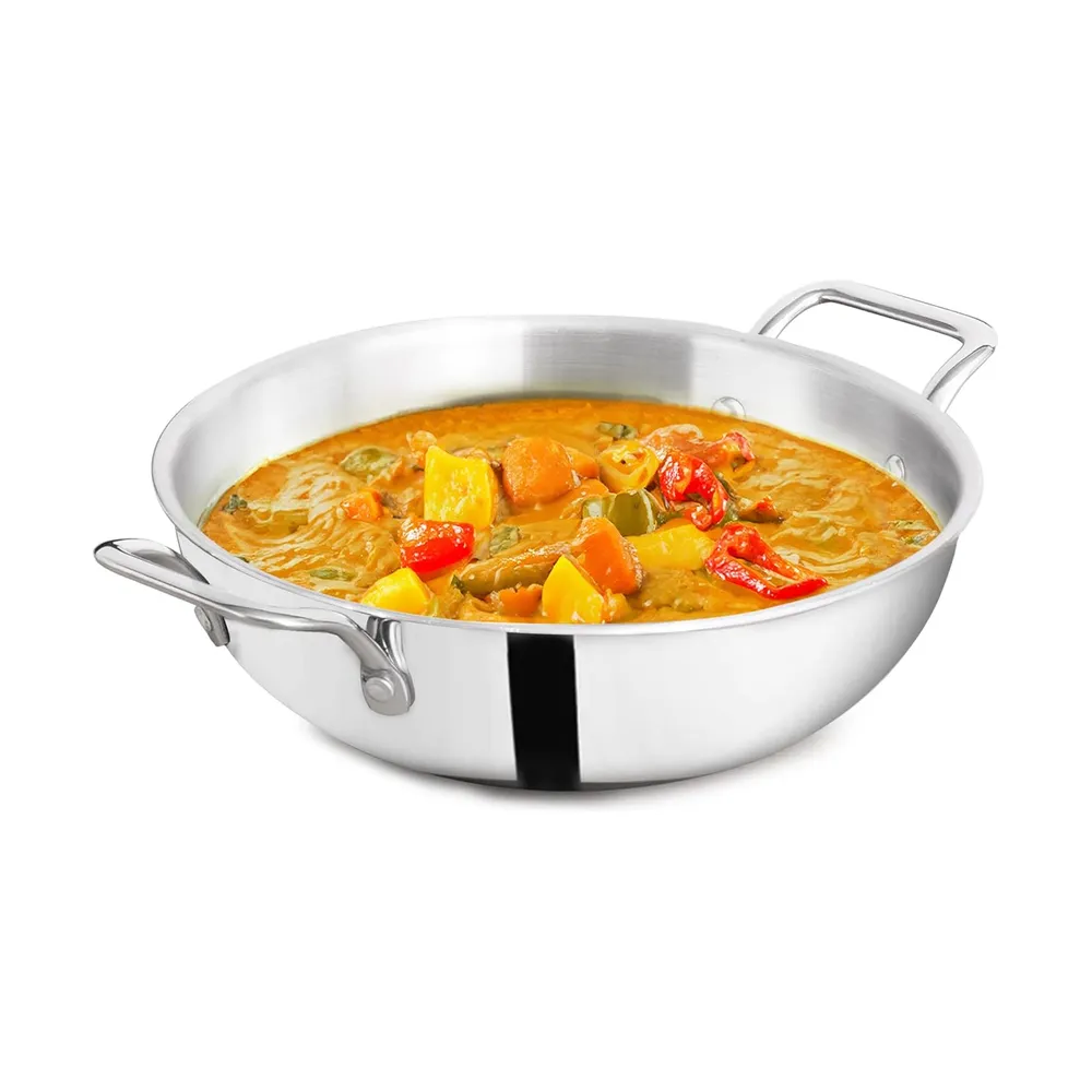 The Indus Valley Triply Stainless Steel Kadai 1.3 LTR/Kadhai | Large, 26cm/10.2 inch, 1.3kg | Induction Friendly | Nonstick 3-Layer Body, 100% Pure & Toxin-Free, No Chemical Coating