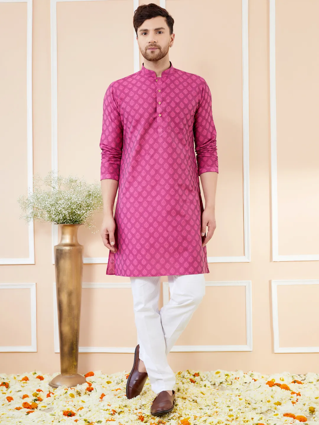 Pink Ethnic Motifs Silk Jacquard Woven Design Straight Kurta with Pyjama BNRSKT71101L
