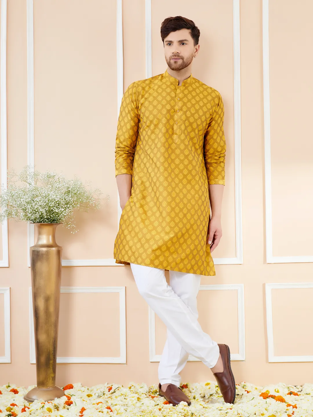 Mustard Ethnic Motifs Silk Jacquard Woven Design Straight Kurta with Pyjama BNRSKT71301L