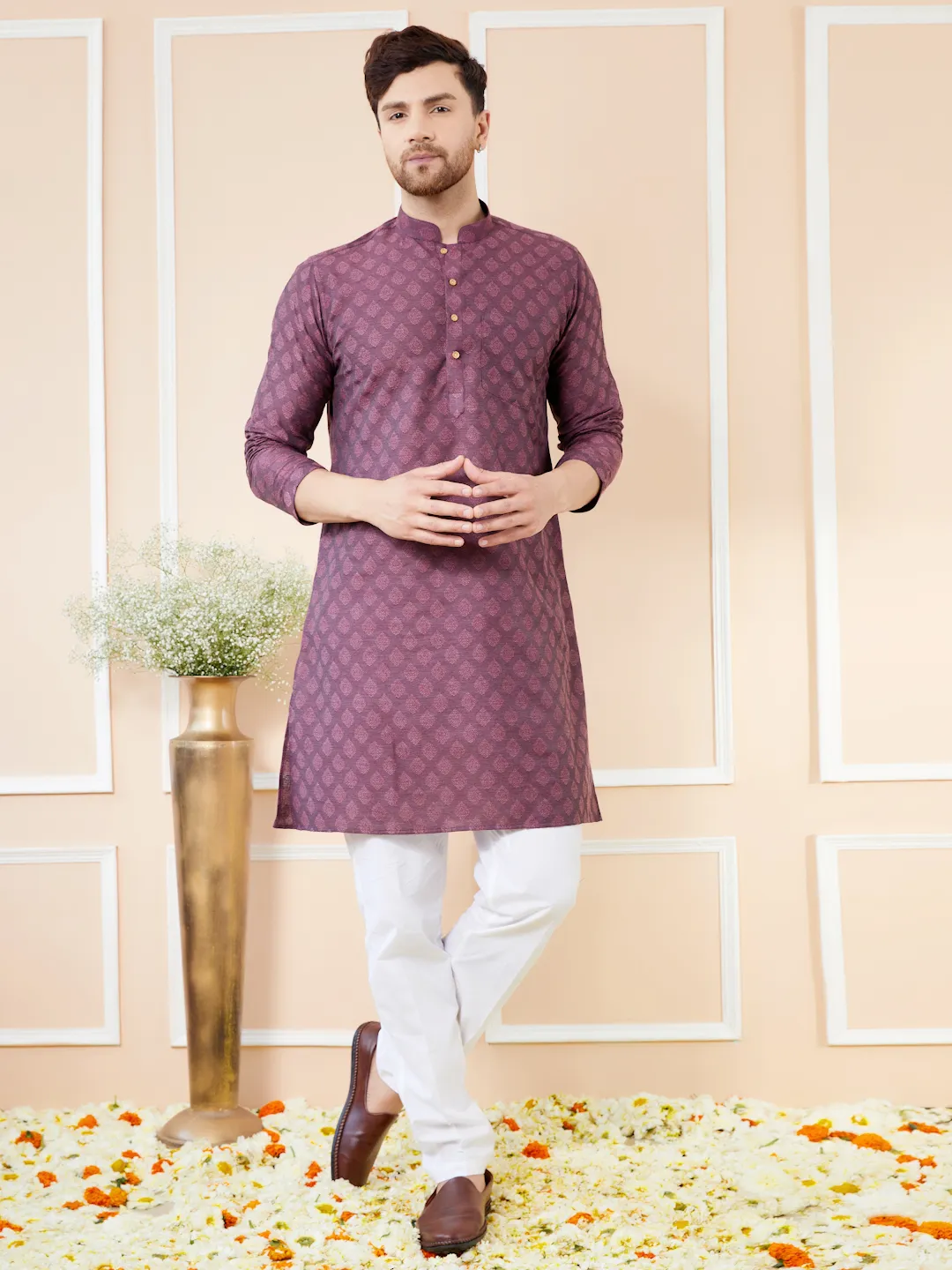 Purple Ethnic Motifs Silk Jacquard Woven Design Straight Kurta with Pyjama BNRSKT71501S