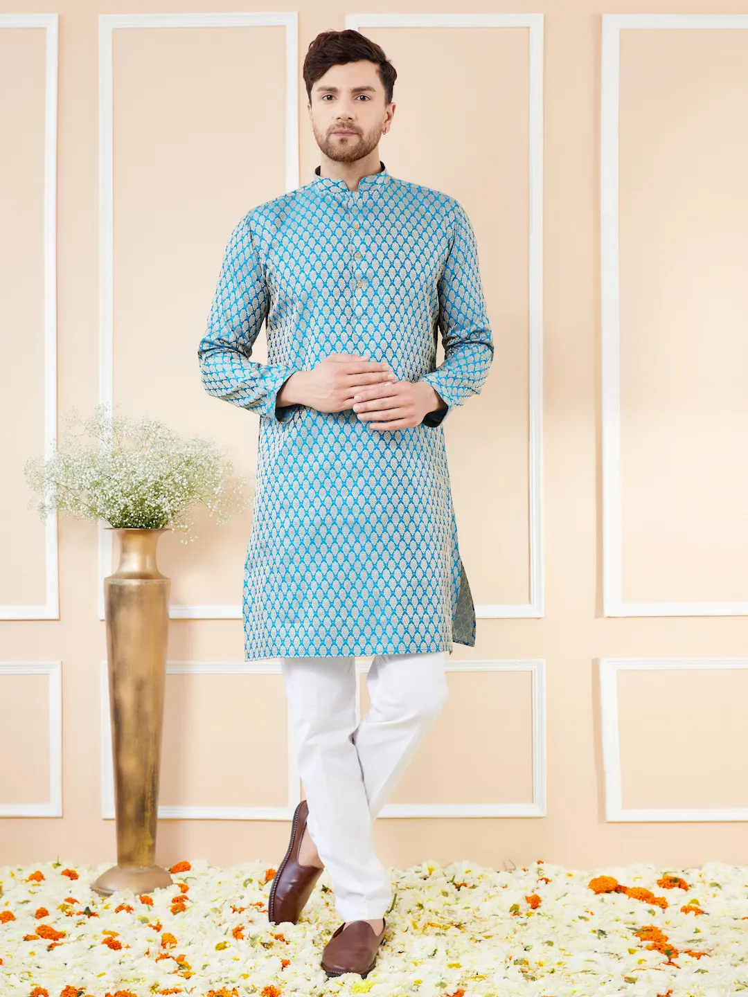 Blue Ethnic Motifs Silk Jacquard Woven Design Straight Kurta with Pyjama BNRSKT71601L