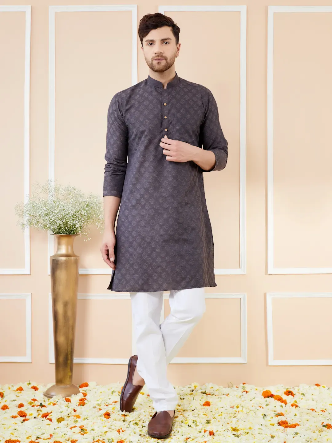 Black Ethnic Motifs Silk Jacquard Woven Design Straight Kurta with Pyjama BNRSKT71901L