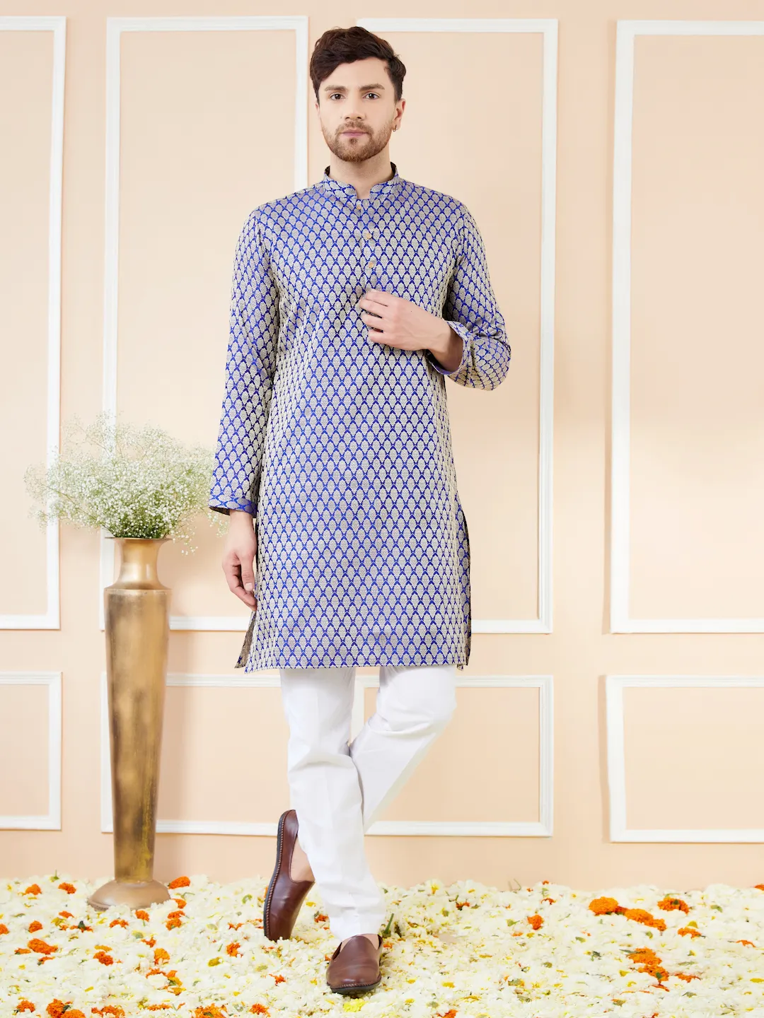 Blue Ethnic Motifs Silk Jacquard Woven Design Straight Kurta with Pyjama