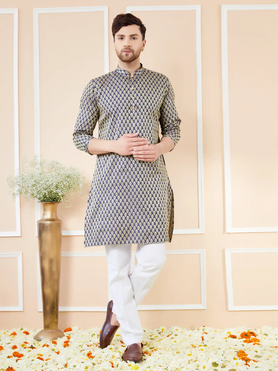 Navy Blue Ethnic Motifs Silk Jacquard Woven Design Straight Kurta with Pyjama BNRSKT72201L