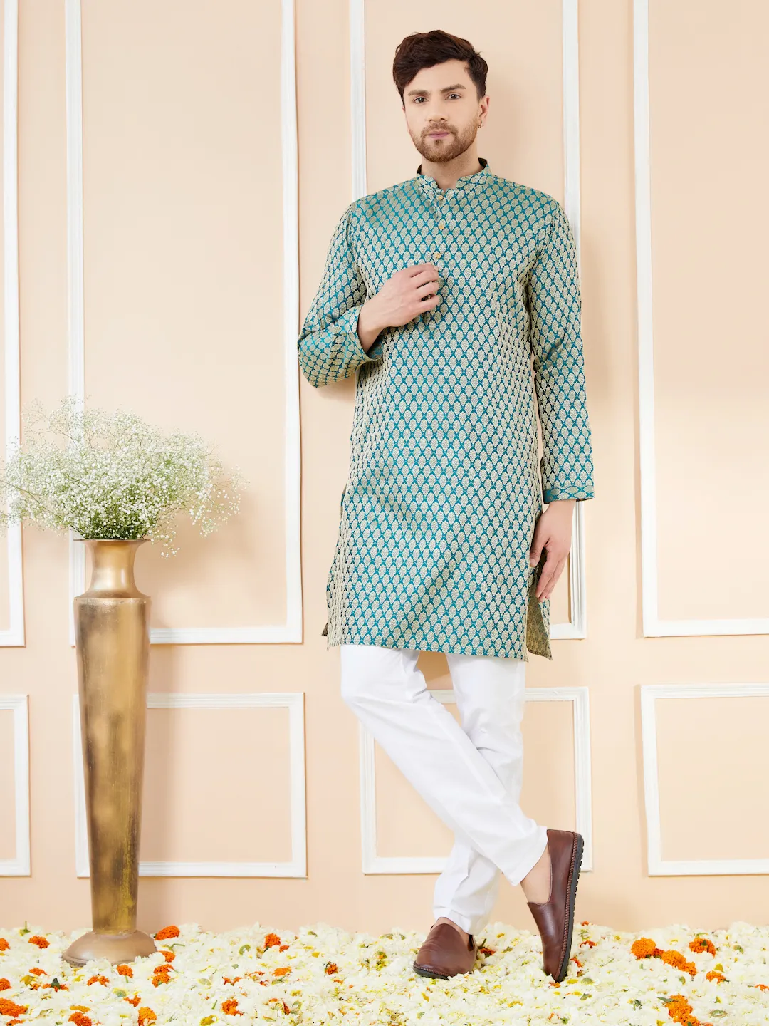 Blue Ethnic Motifs Silk Jacquard Woven Design Straight Kurta with Pyjama