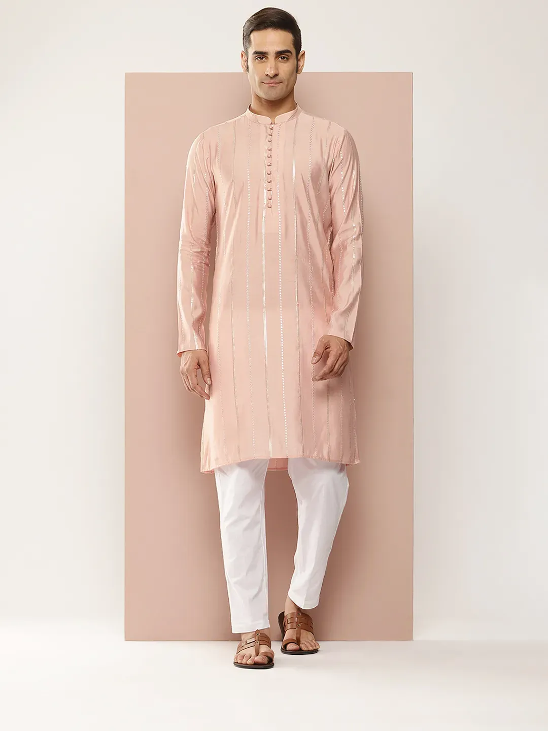 Men Pink And Gold Chanderi Silk Sequins Kurta