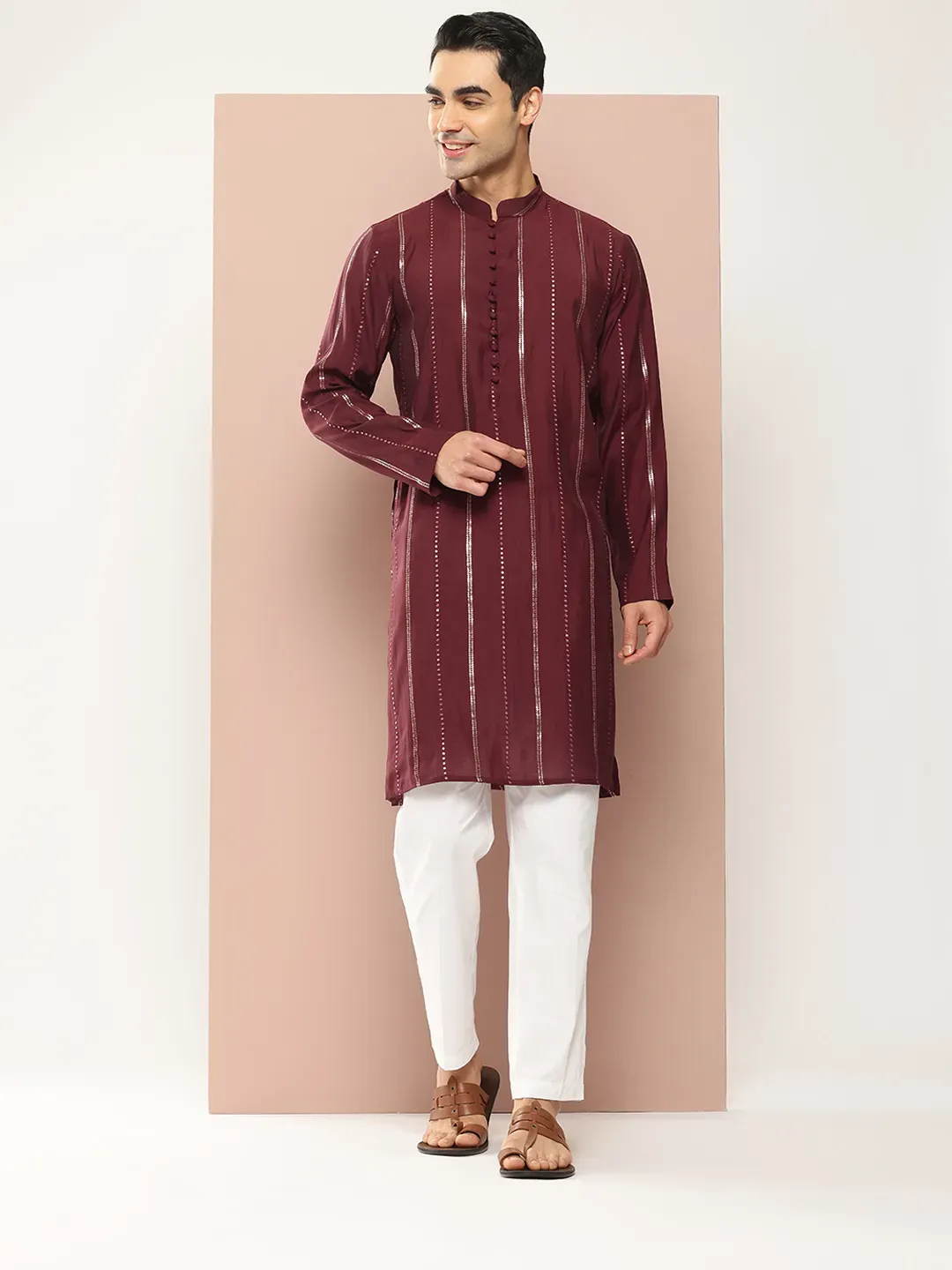 Men Burgundy And Gold Chanderi Silk Sequins Kurta