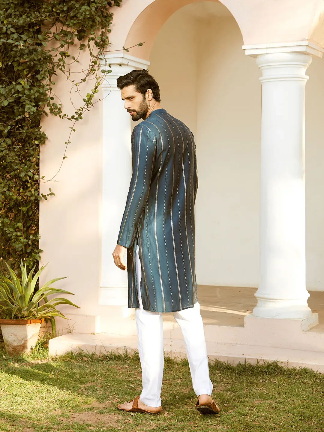 Men Teal And Gold Chanderi Silk Sequins Kurta