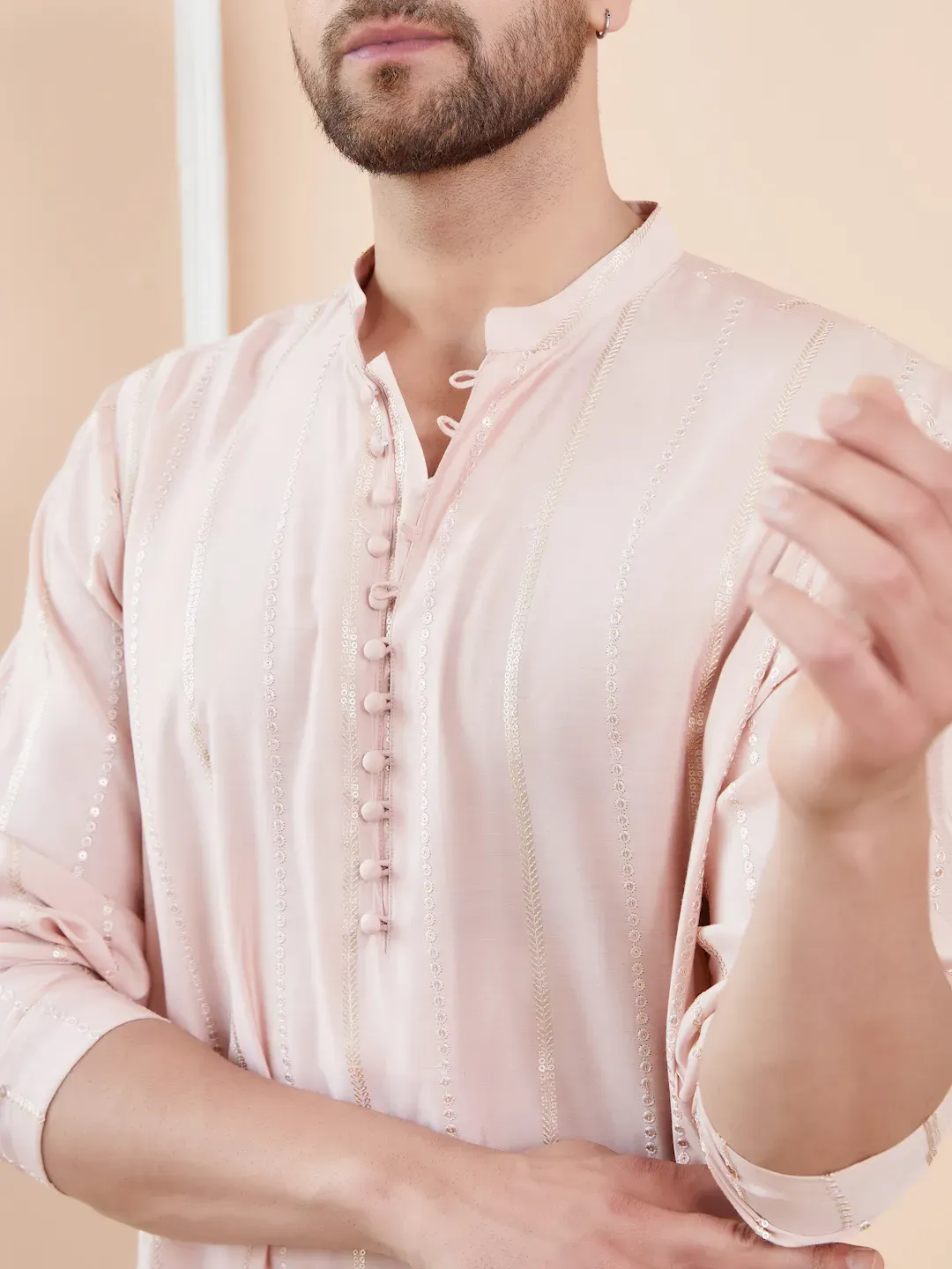 Men Pink And Gold Chanderi Silk Sequins Kurta