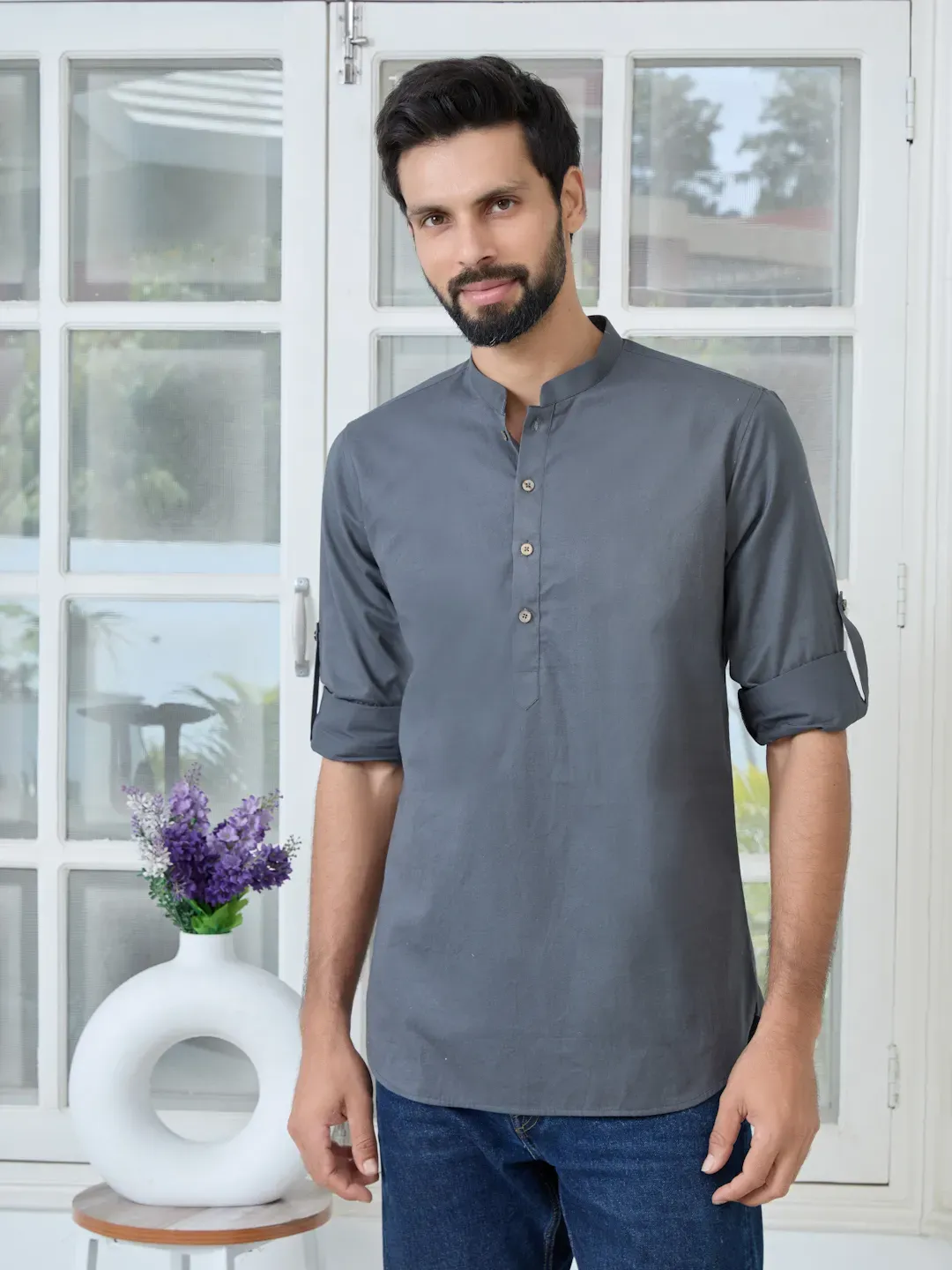 Dark Gray Solid cotton Short Kurta SDKT2986M