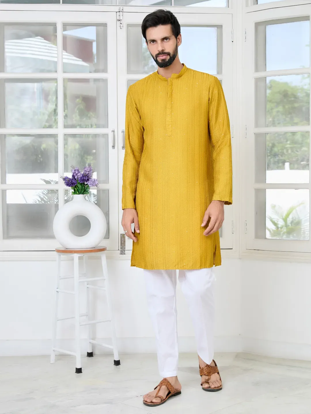 Mustard Embroidered Thread Work Sequin Chanderi Silk Straight Kurta SDKT2996XXL