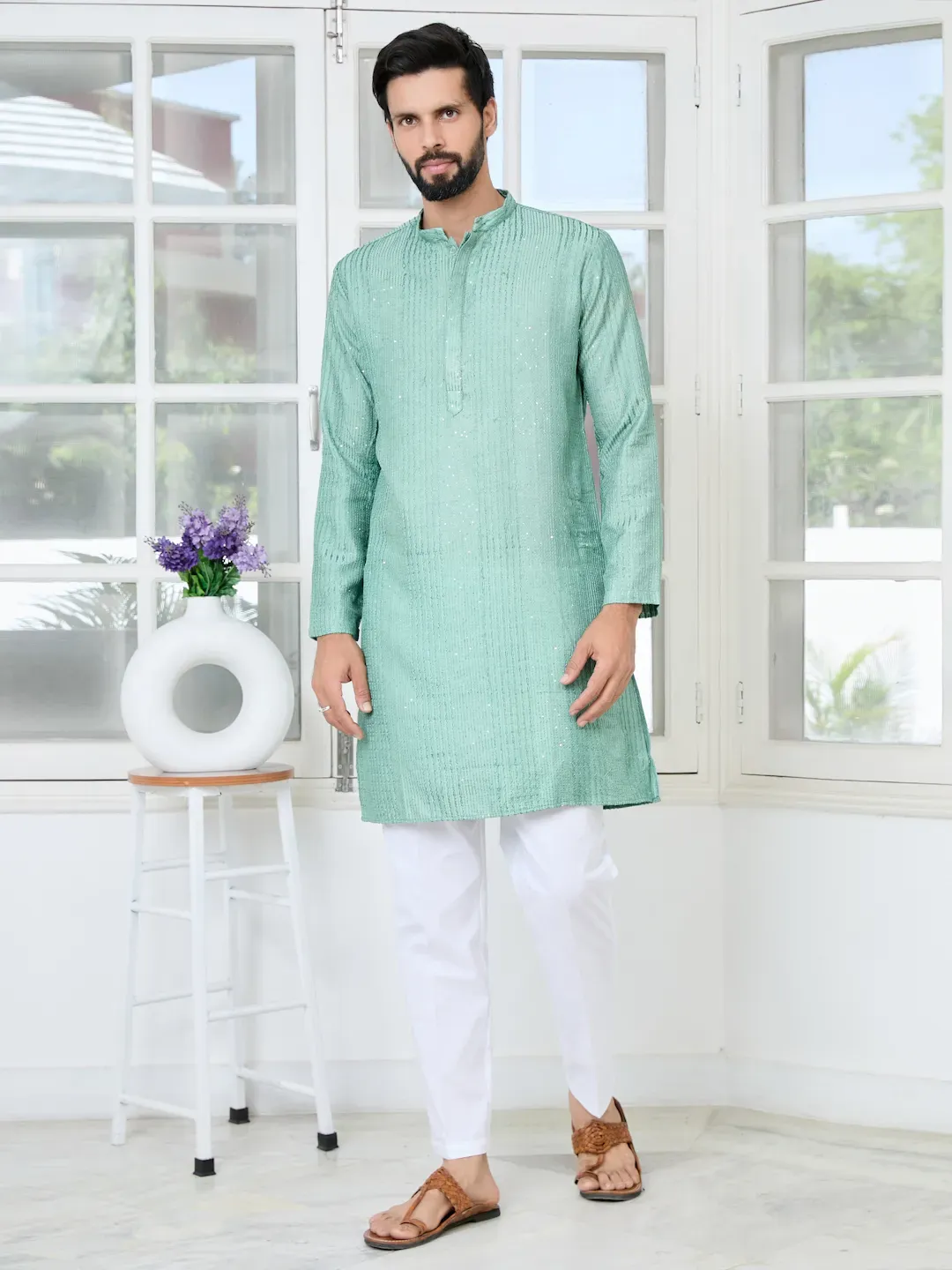 Pastel Green Embroidered Thread Work Sequin Chanderi Silk Straight Kurta SDKT2997M