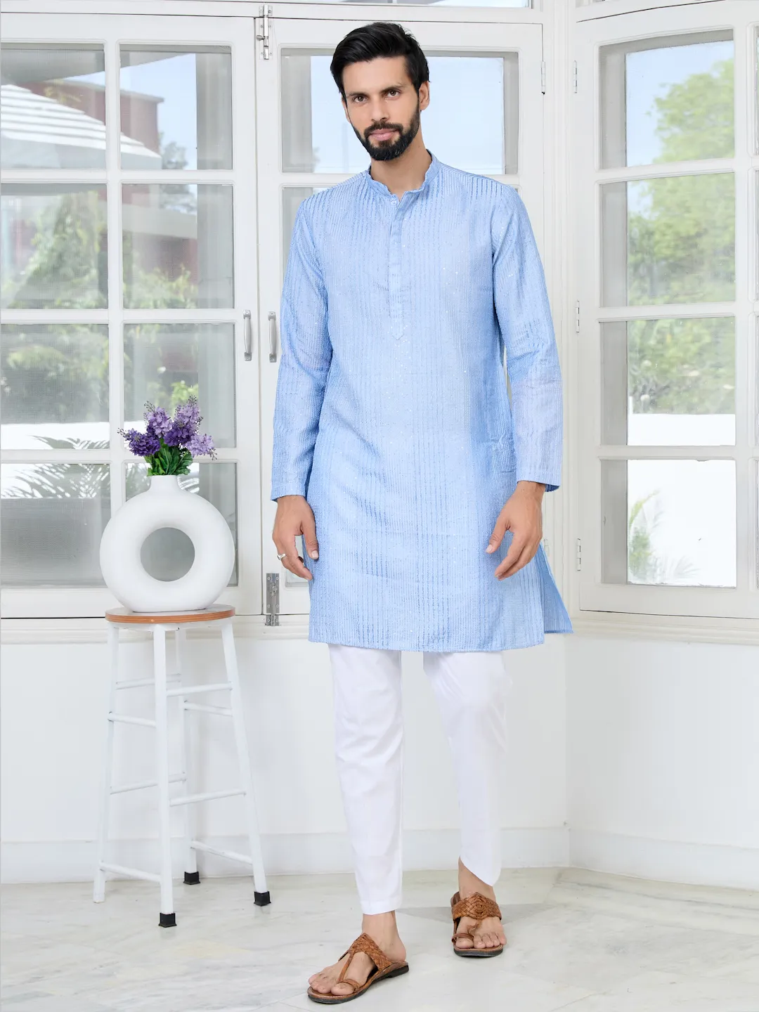 Light Blue Embroidered Thread Work Sequin Chanderi Silk Straight Kurta SDKT2999XL