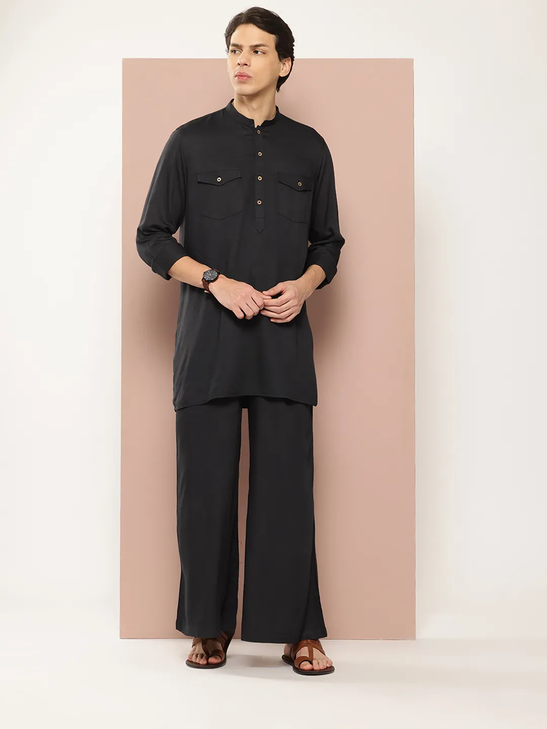 Men Black Rayon Solid Pathani Sets SDKT651L
