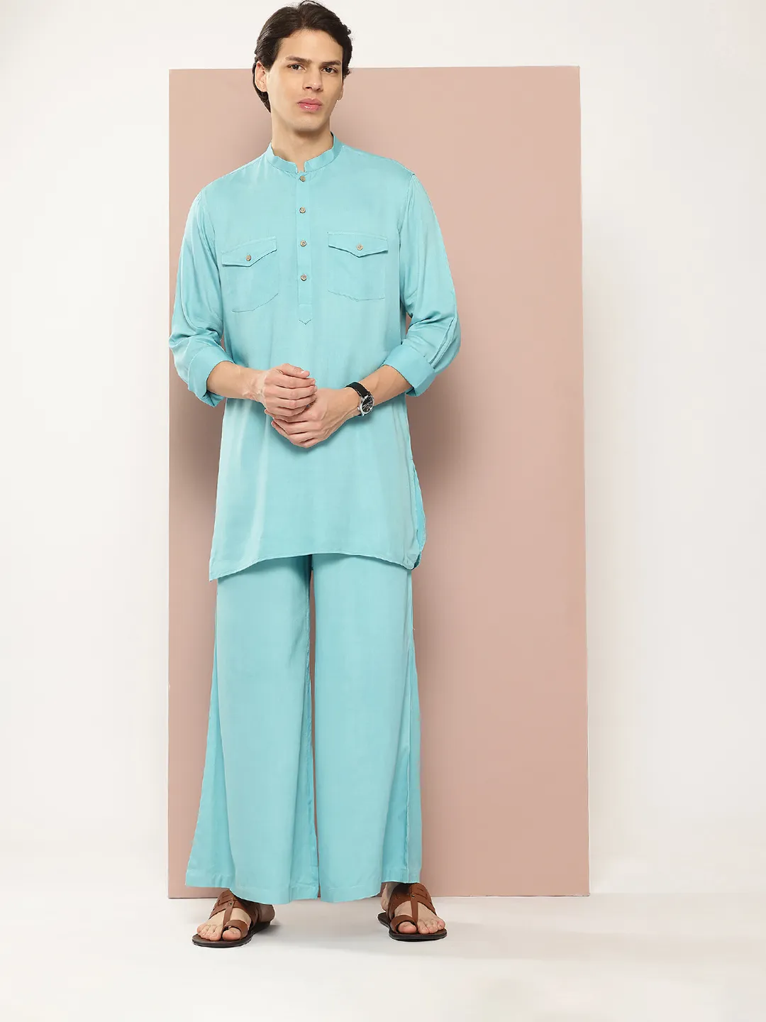 Men Turquoise Rayon Solid Pathani Sets SDKT654M