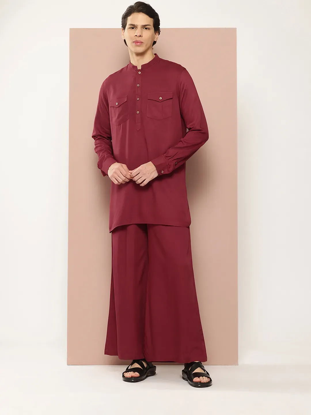 Men Maroon Rayon Solid Pathani Sets